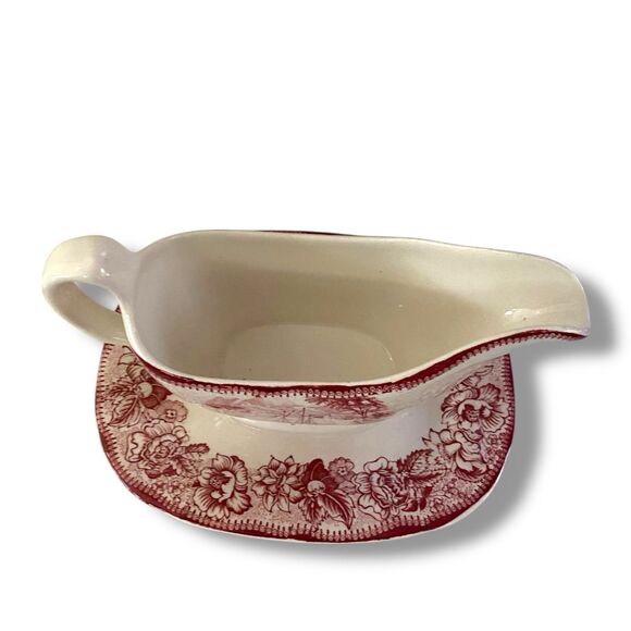 Royal Staffordshire Safe Harbour Transferware Gravy Boat Attached Plate Red Pink - Picture 3 of 7